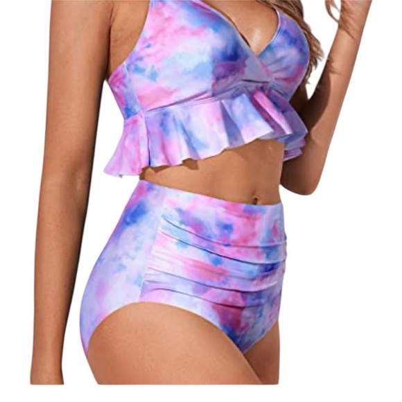 Tempt Me Two Piece High-Waisted Swimsuit with Ruffle and Tummy Control Bottoms. - Picture 2 of 6